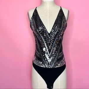 Express Black and Silver Sequin Bodysuit / New Years Top